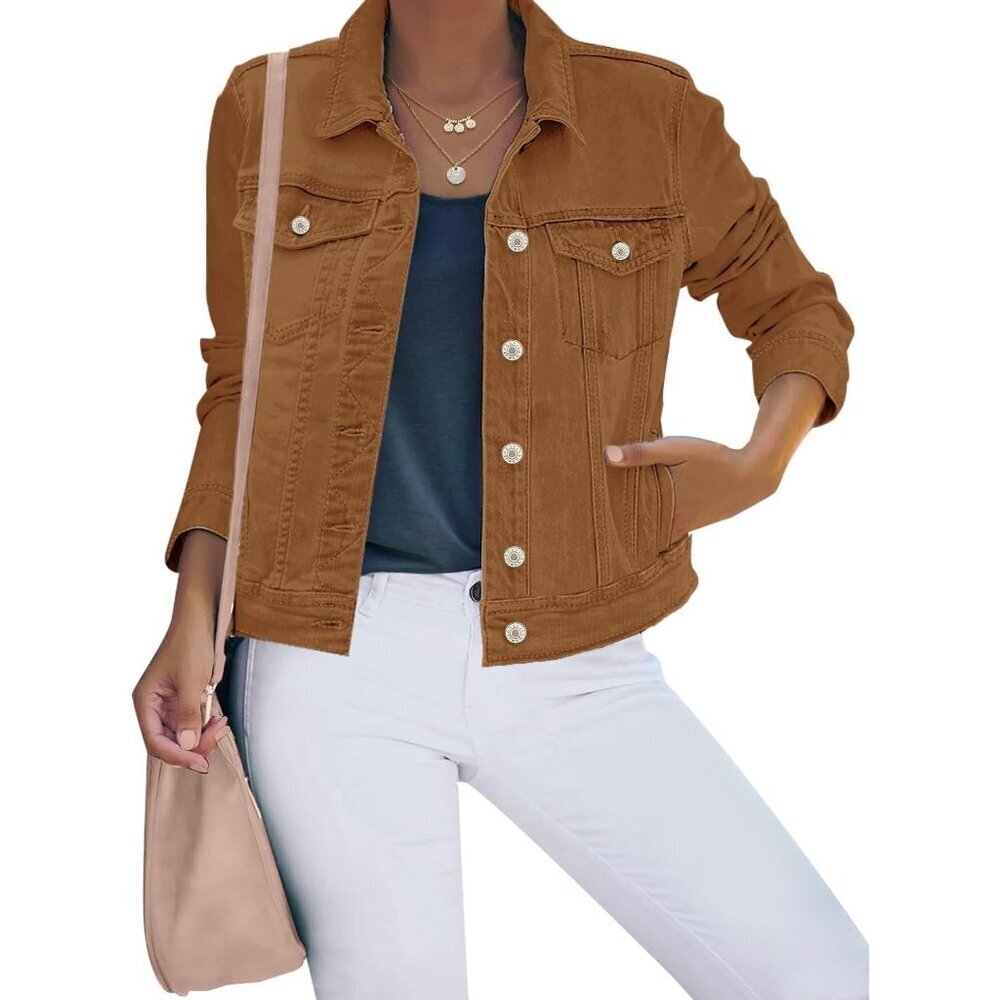Women's Basic Button Down Stretch Fitted Long Sleeves Denim Jean Jacket Brown